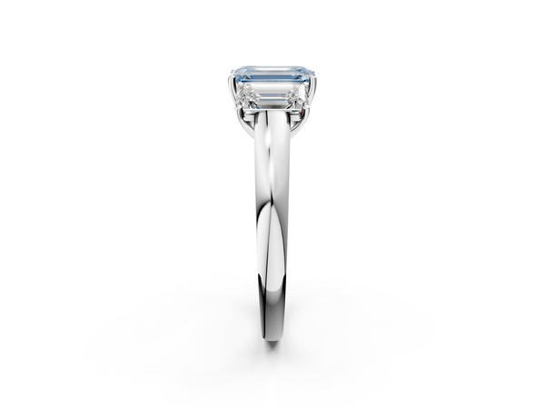 Platinum Fancy Blue Emerald Cut Diamond Three-Stone Ring with Four-Prong Setting and Classic Band