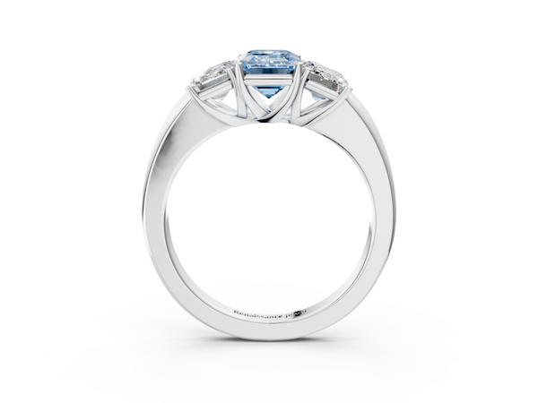 Platinum Fancy Blue Emerald Cut Diamond Three-Stone Ring with Four-Prong Setting and Classic Band