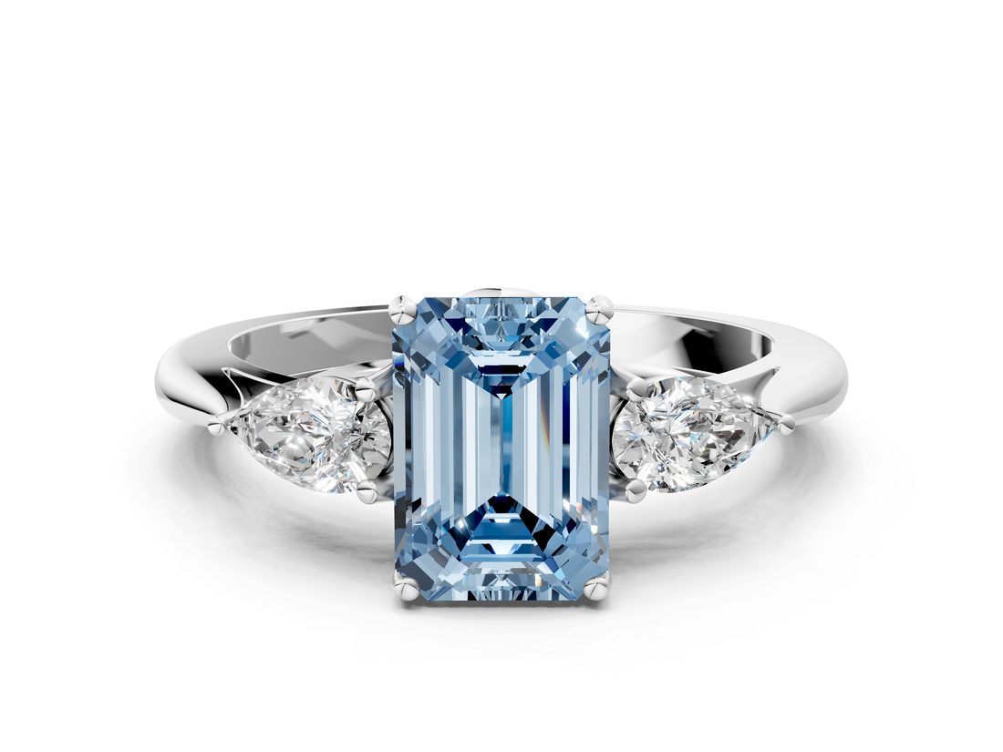 White gold Three-Stone Fancy Blue Emerald  Cut Diamond Ring with Pear Side Stones in Four-Prong Setting_108
