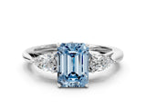 White gold Three-Stone Fancy Blue Emerald Cut Diamond Ring with Pear  Side Stones in Four-Prong Setting_12
