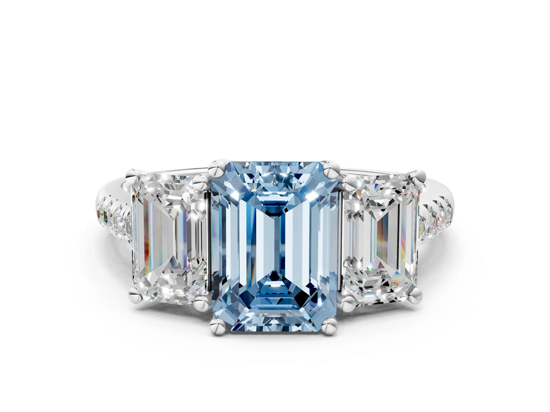 White gold Three-Stone Fancy Blue Emerald Cut Diamond Ring with Round  Pavé Band and Prong Setting_164