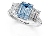 White gold Three-Stone Fancy Blue Emerald Cut Diamond Ring with Round  Pavé Band and Prong Setting_165