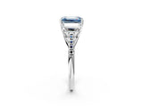 White gold Three-Stone Fancy Blue Emerald Cut Diamond Ring with Round  Pavé Band and Prong Setting_166