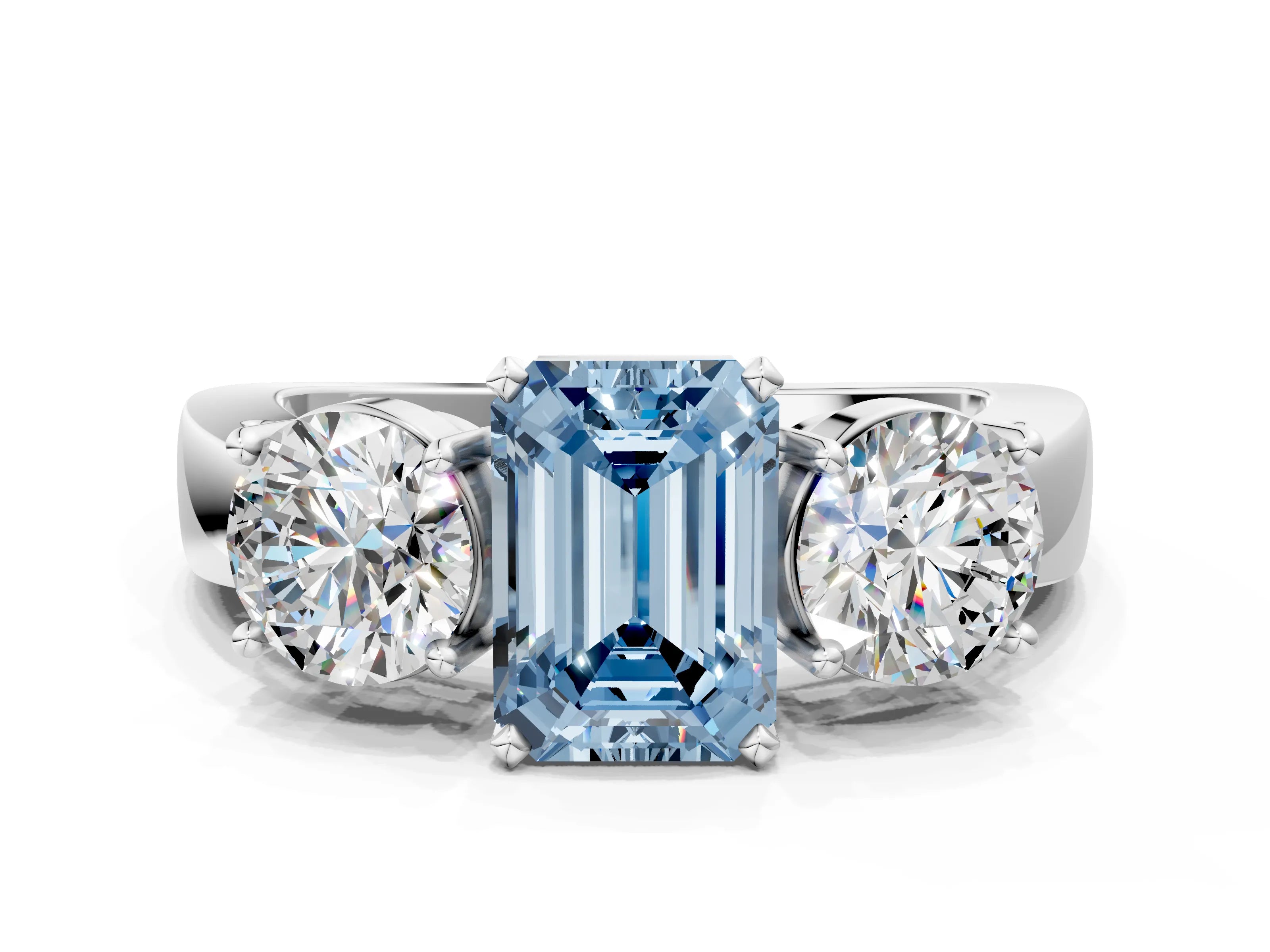 White gold Three-Stone Fancy Blue Emerald Cut Diamond Ring with Round Side Stones, Classic Band, and Four-Prong Setting