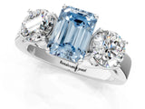 White gold Three-Stone Fancy Blue Emerald Cut Diamond Ring with Round Side Stones, Classic Band, and Four-Prong Setting_1