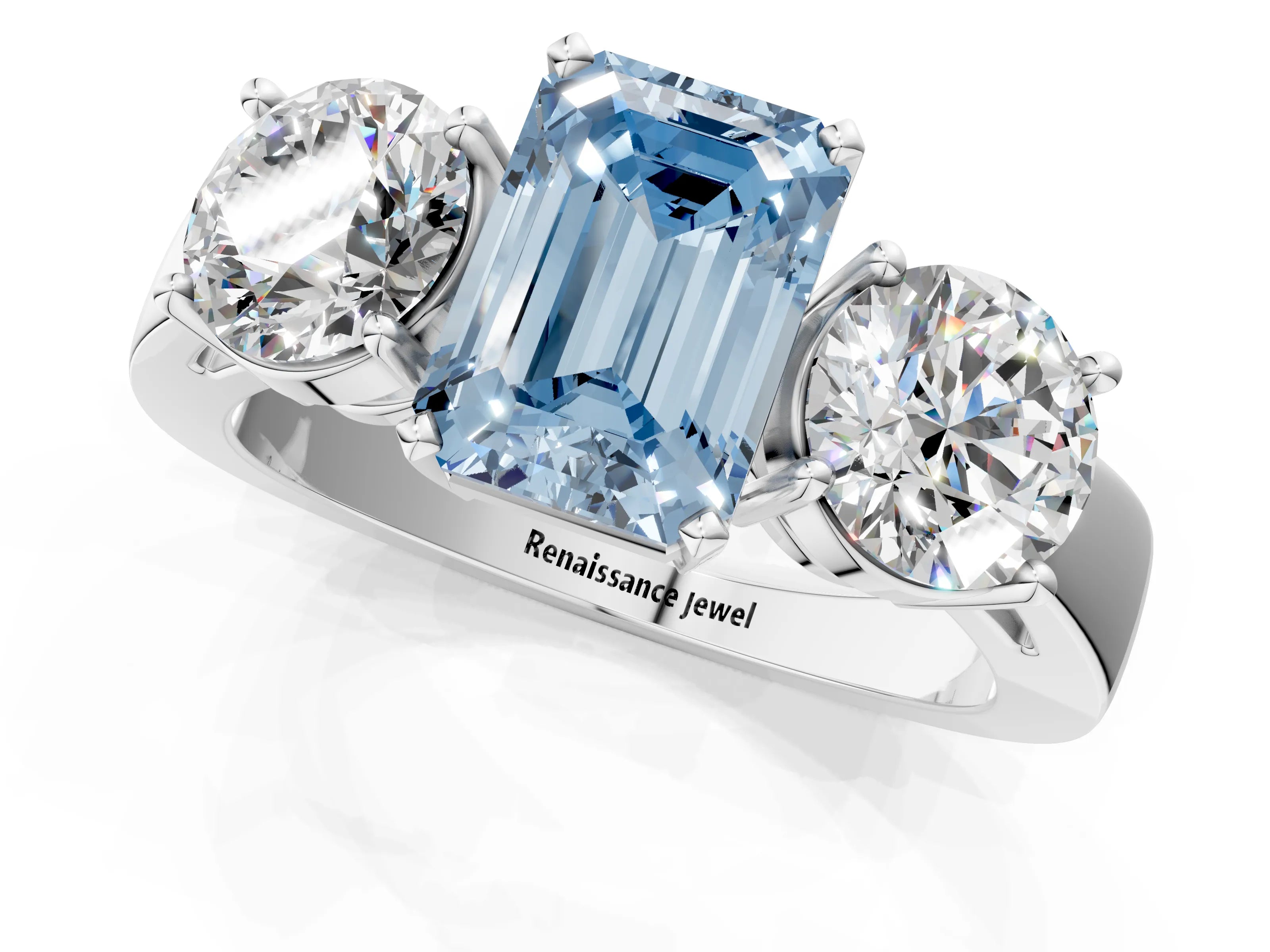 White gold Three-Stone Fancy Blue Emerald Cut Diamond Ring with Round Side Stones, Classic Band, and Four-Prong Setting_1
