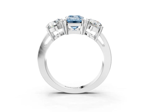 White gold Three-Stone Fancy Blue Emerald Cut Diamond Ring with Round Side Stones, Classic Band, and Four-Prong Setting_3