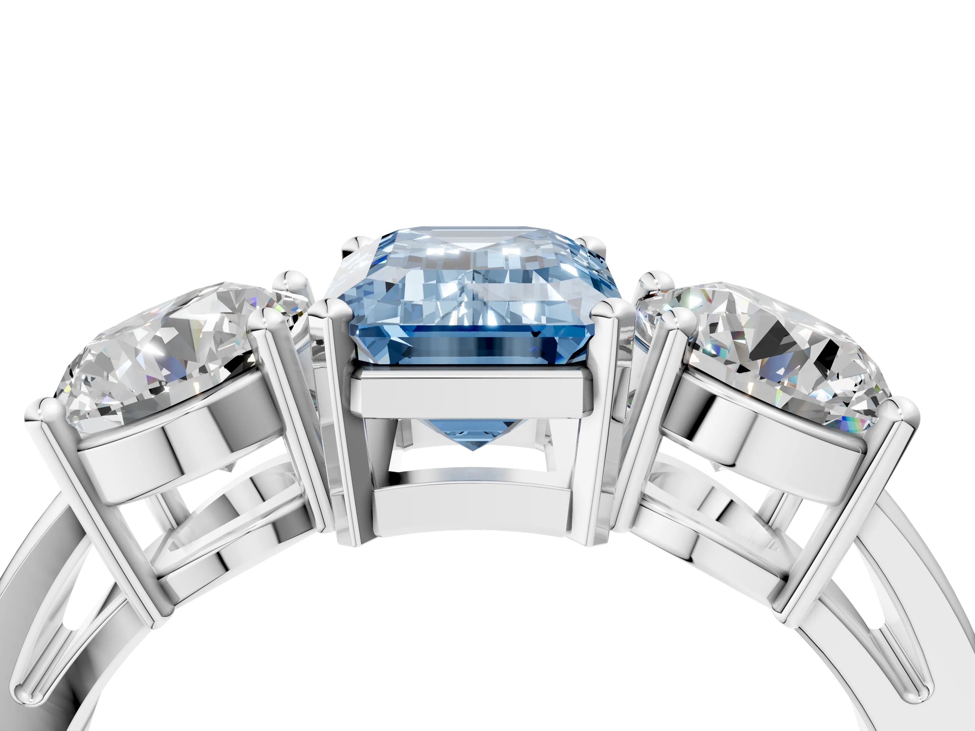 White gold Three-Stone Fancy Blue Emerald Cut Diamond Ring with Round Side Stones, Classic Band, and Four-Prong Setting_4