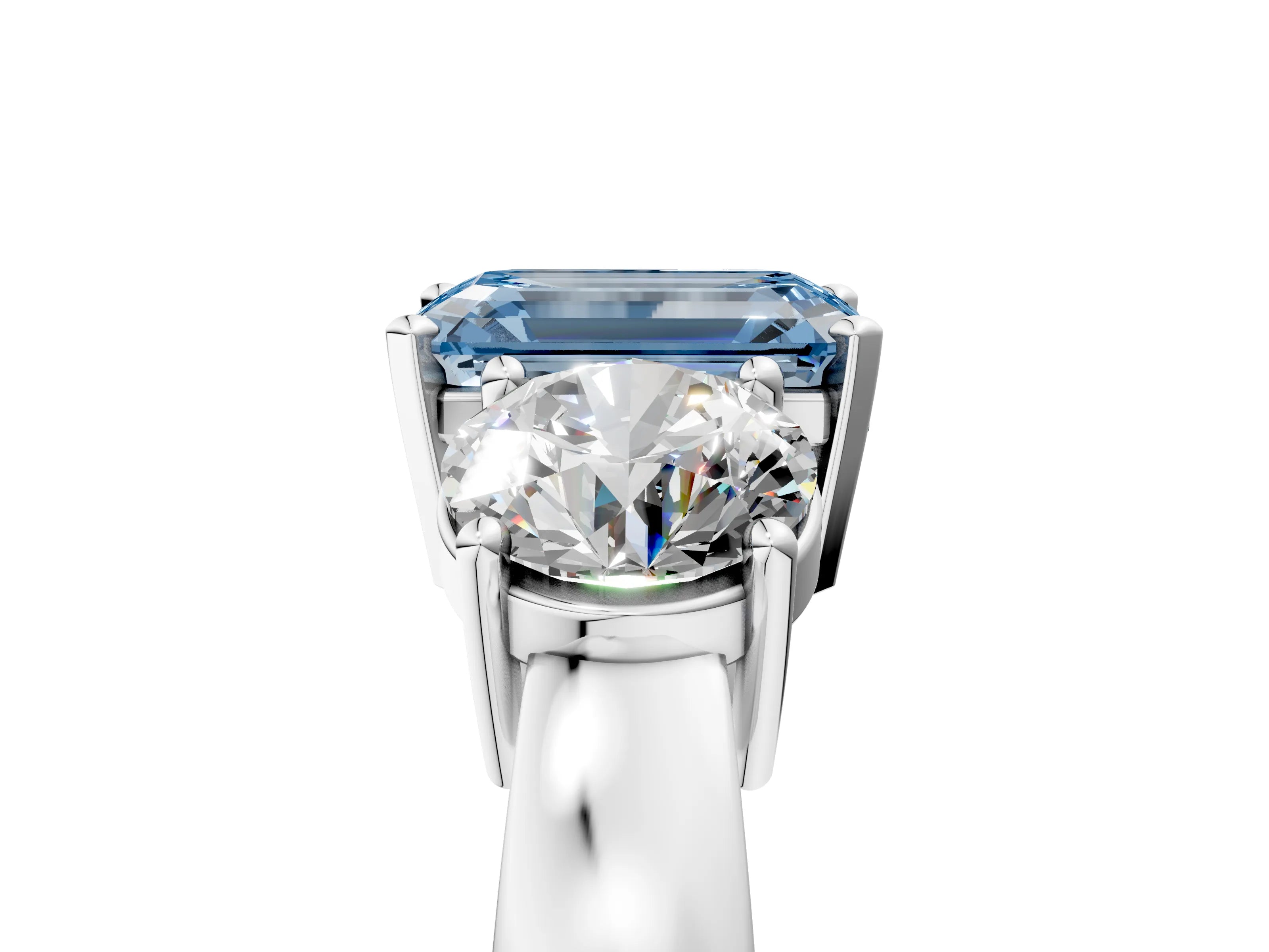 White gold Three-Stone Fancy Blue Emerald Cut Diamond Ring with Round Side Stones, Classic Band, and Four-Prong Setting_5