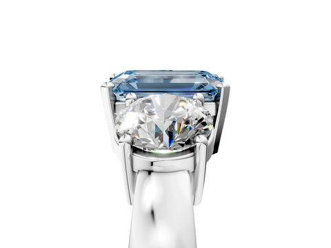 White gold Three-Stone Fancy Blue Emerald Cut Diamond Ring with Round Side Stones, Classic Band, and Four-Prong Setting_5