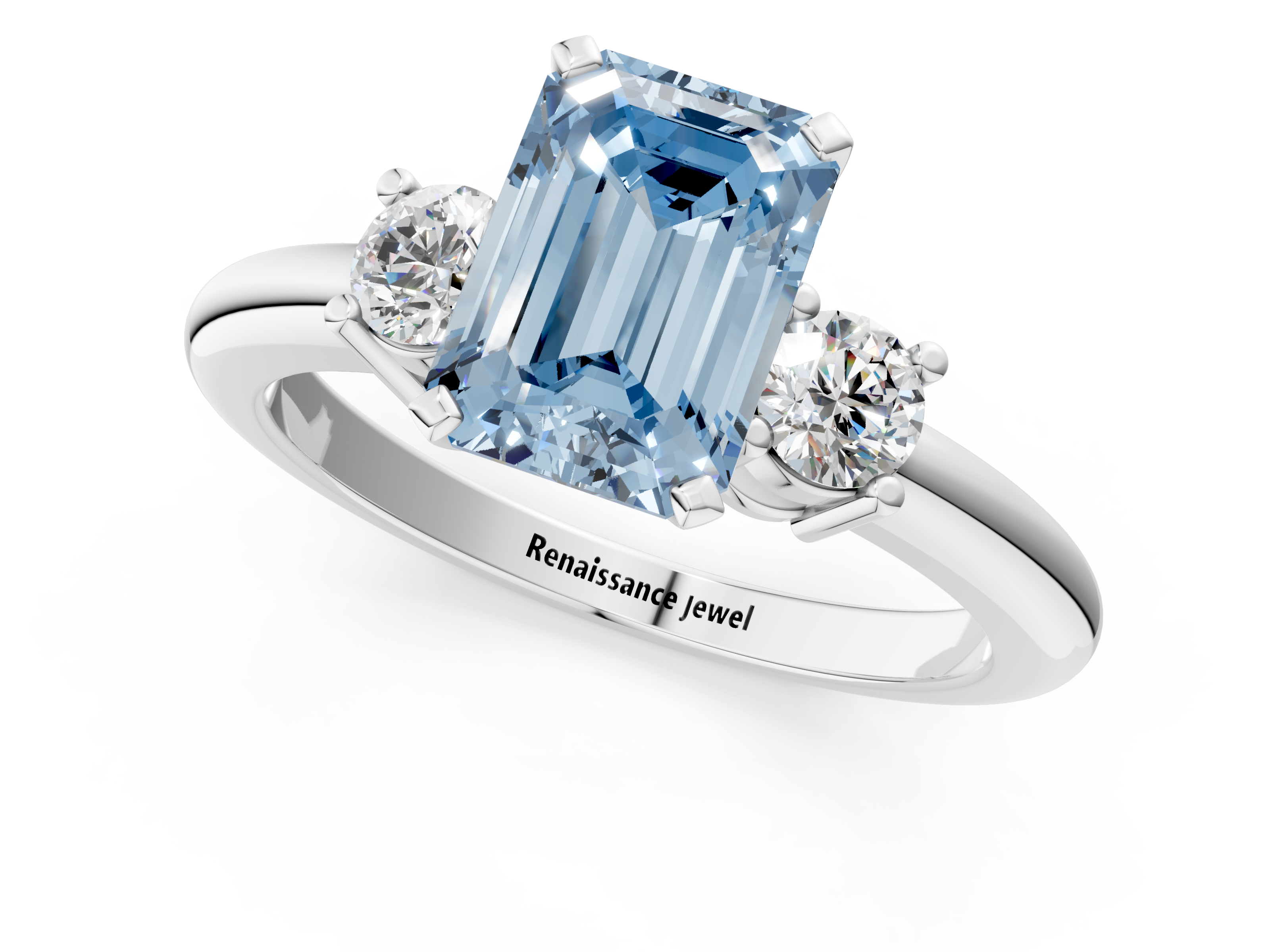 White gold Three-Stone Fancy Blue Emerald  Cut Diamond Solitaire with Prong Setting and Classic Band_26
