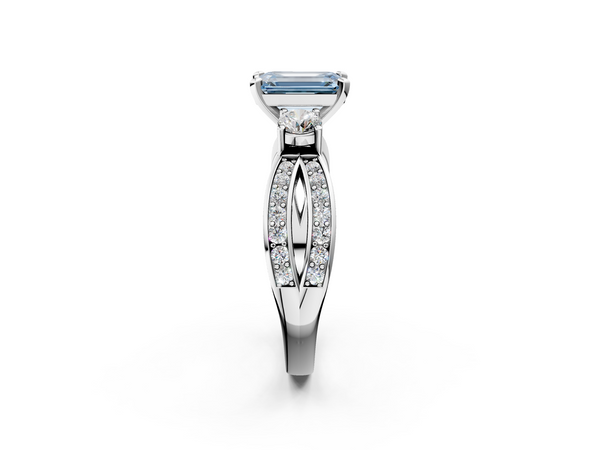 Platinum Three-Stone Fancy Blue Emerald  Cut Diamond Twist Band with Prong Setting