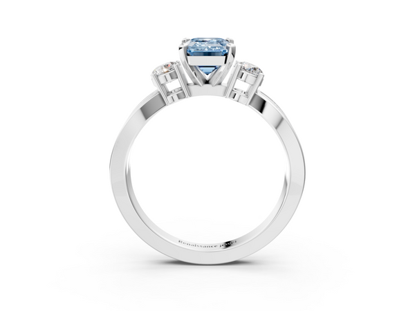 Platinum Three-Stone Fancy Blue Emerald  Cut Diamond Twist Band with Prong Setting