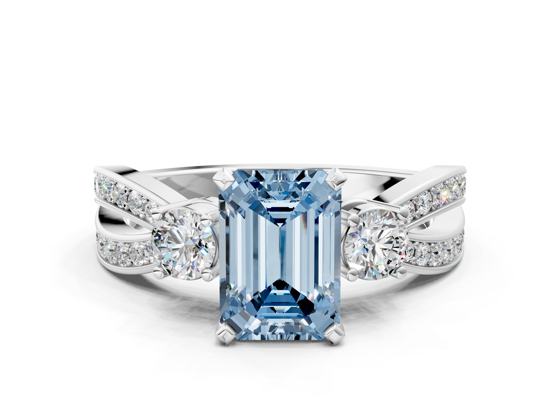 White gold Three-Stone Fancy Blue Emerald  Cut Diamond Twist Band with Prong Setting_38