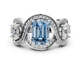 White gold Three-Stone Fancy Blue Emerald Cut Diamond Wave Pave Band with Prong Setting