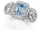 White gold Three-Stone Fancy Blue Emerald Cut Halo Diamond Milgrain Band with Four-Prong Setting_1