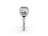 White gold Three-Stone Fancy Blue Emerald Cut Halo Diamond Milgrain Band with Four-Prong Setting_2