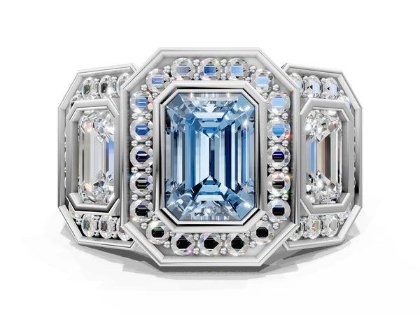 Platinum Emerald Cut Bezel Three Stone Halo Engagement Ring Setting for Fancy Blue Center