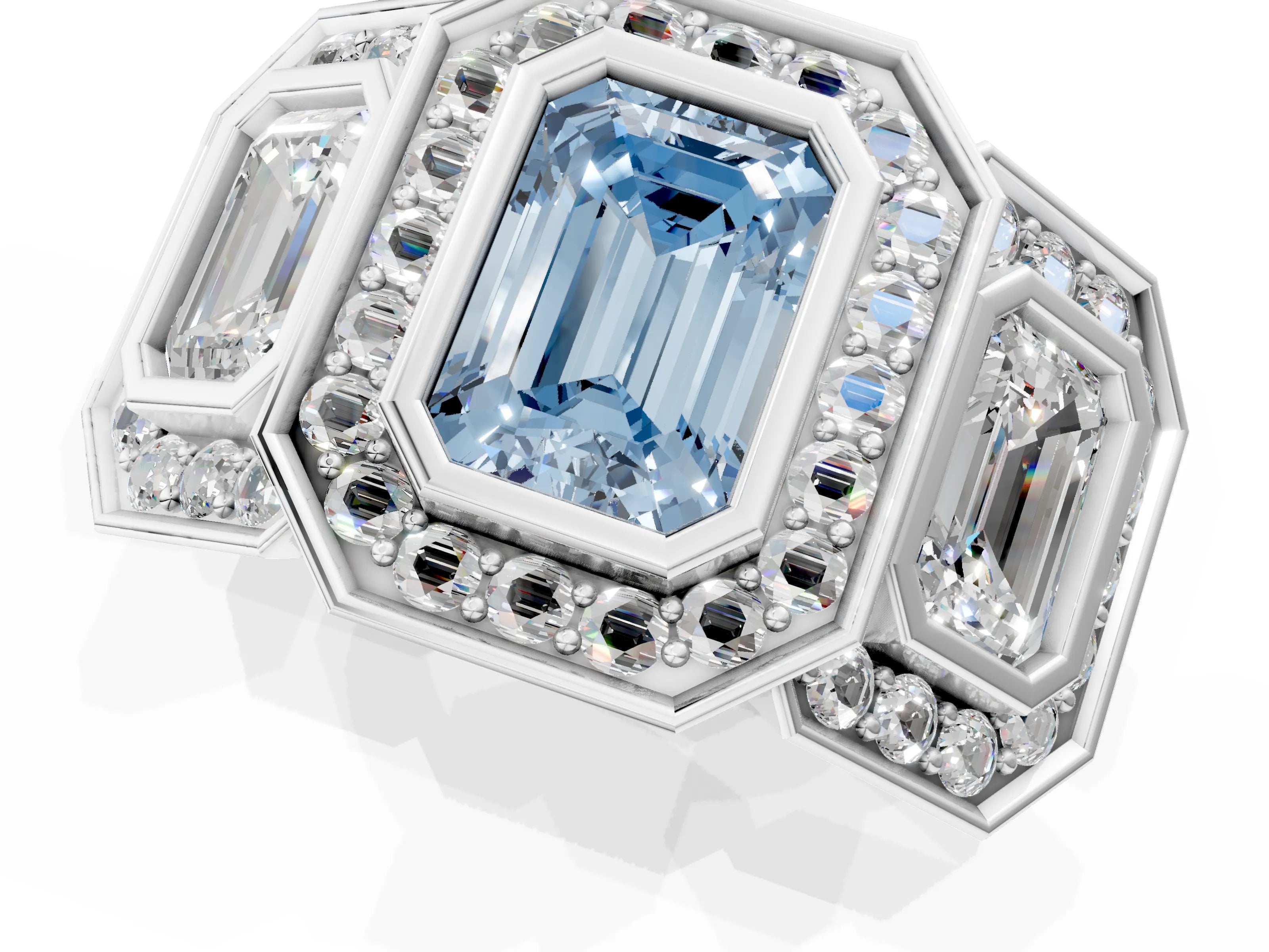White gold Three-Stone Fancy Blue Emerald Cut Halo Pavé Diamond Ring_1