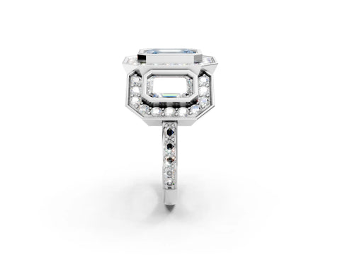 White gold Three-Stone Fancy Blue Emerald Cut Halo Pavé Diamond Ring_2