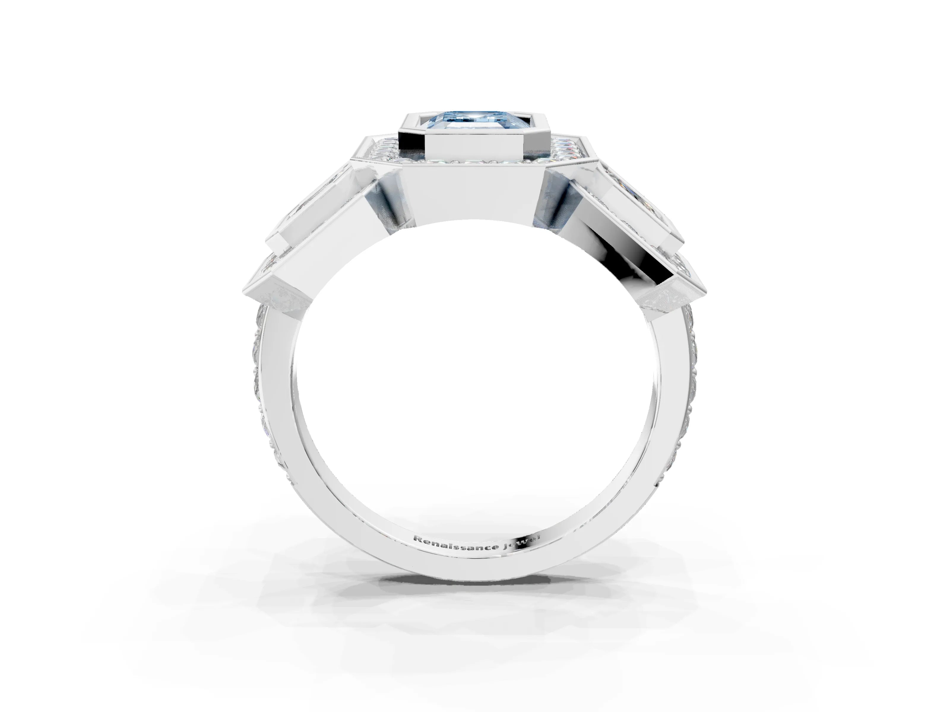 White gold Three-Stone Fancy Blue Emerald Cut Halo Pavé Diamond Ring_3