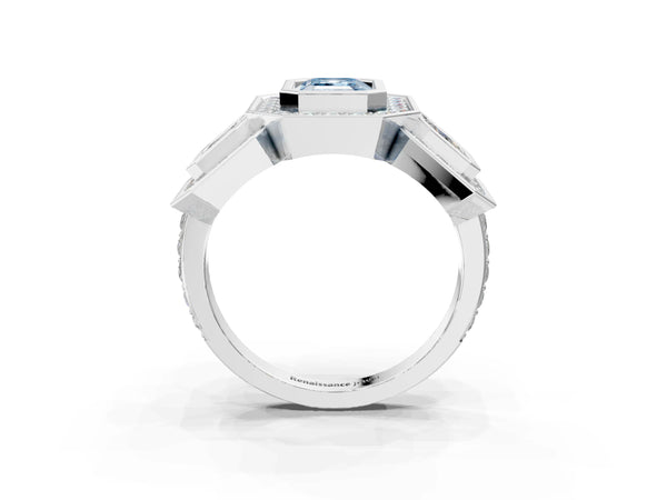 Platinum Emerald Cut Bezel Three Stone Halo Engagement Ring Setting for Fancy Blue Center