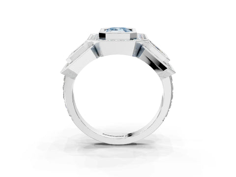White gold Three-Stone Fancy Blue Emerald Cut Halo Pavé Diamond Ring_3
