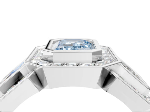 White gold Three-Stone Fancy Blue Emerald Cut Halo Pavé Diamond Ring_4