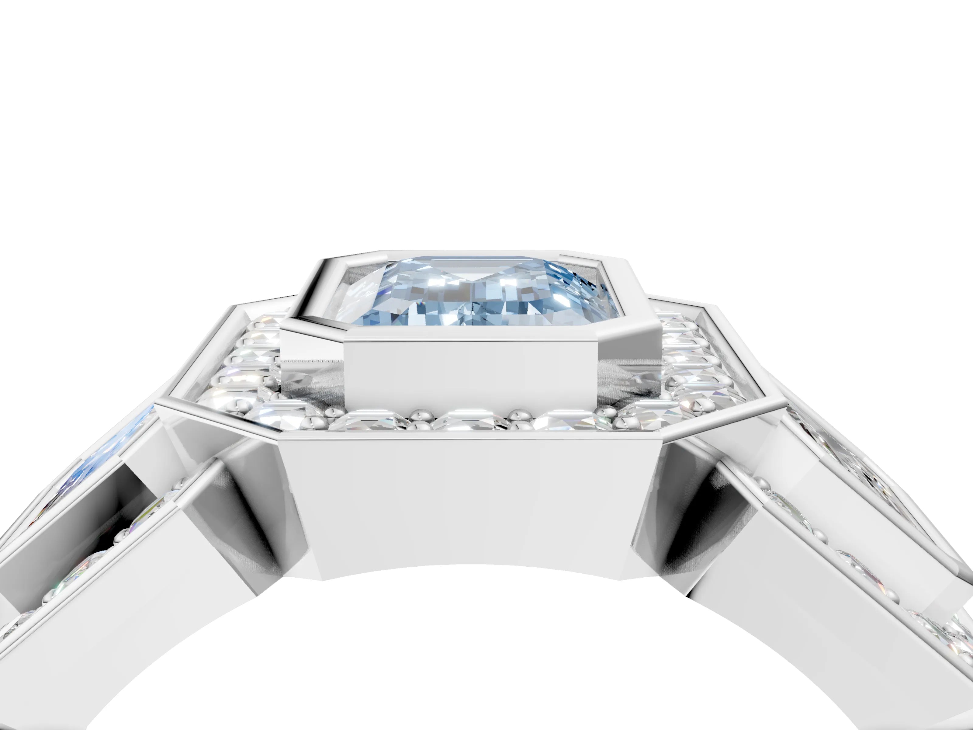 White gold Three-Stone Fancy Blue Emerald Cut Halo Pavé Diamond Ring_4