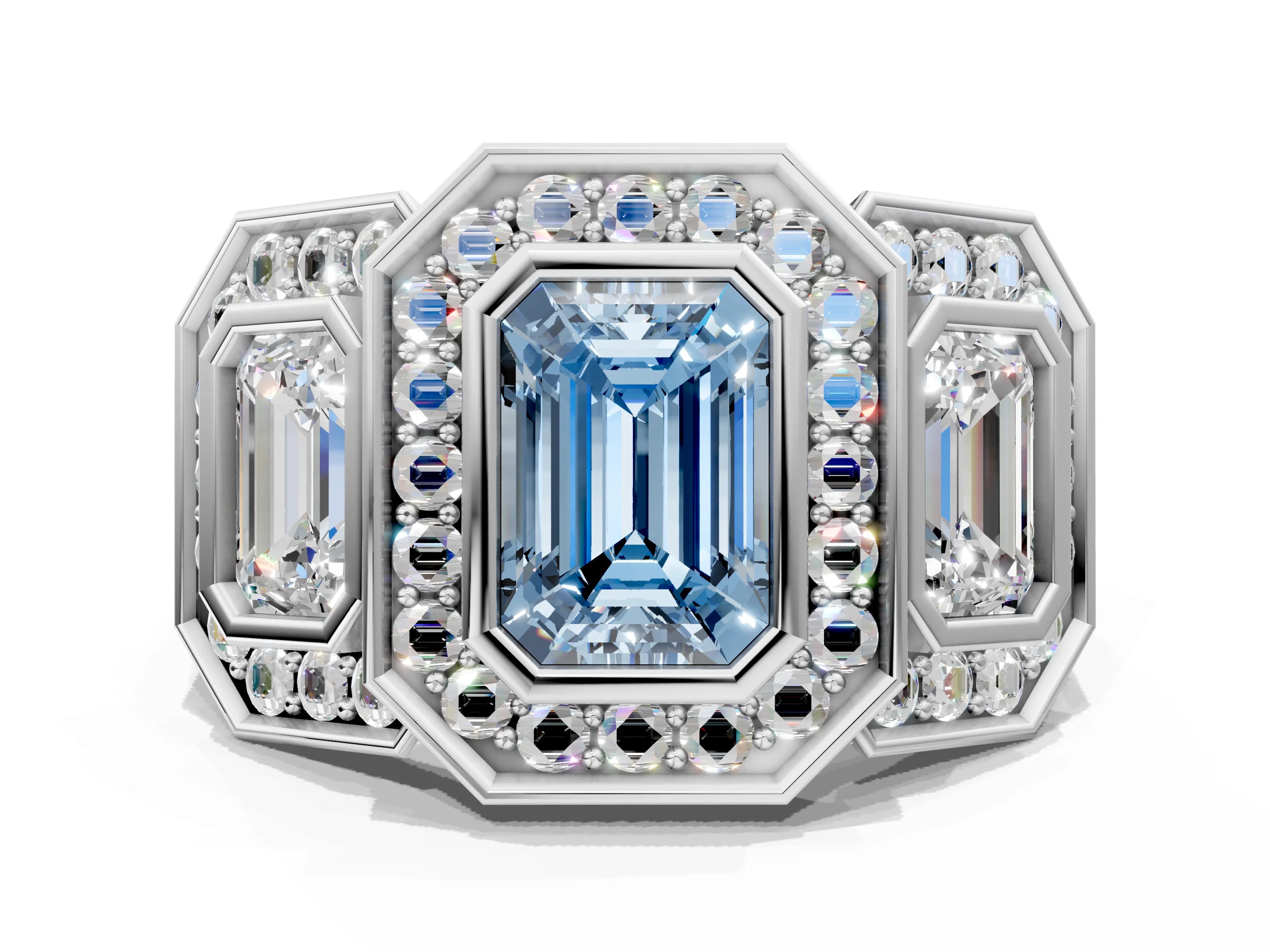 White gold Three-Stone Fancy Blue Emerald Cut Halo Pavé Diamond Ring