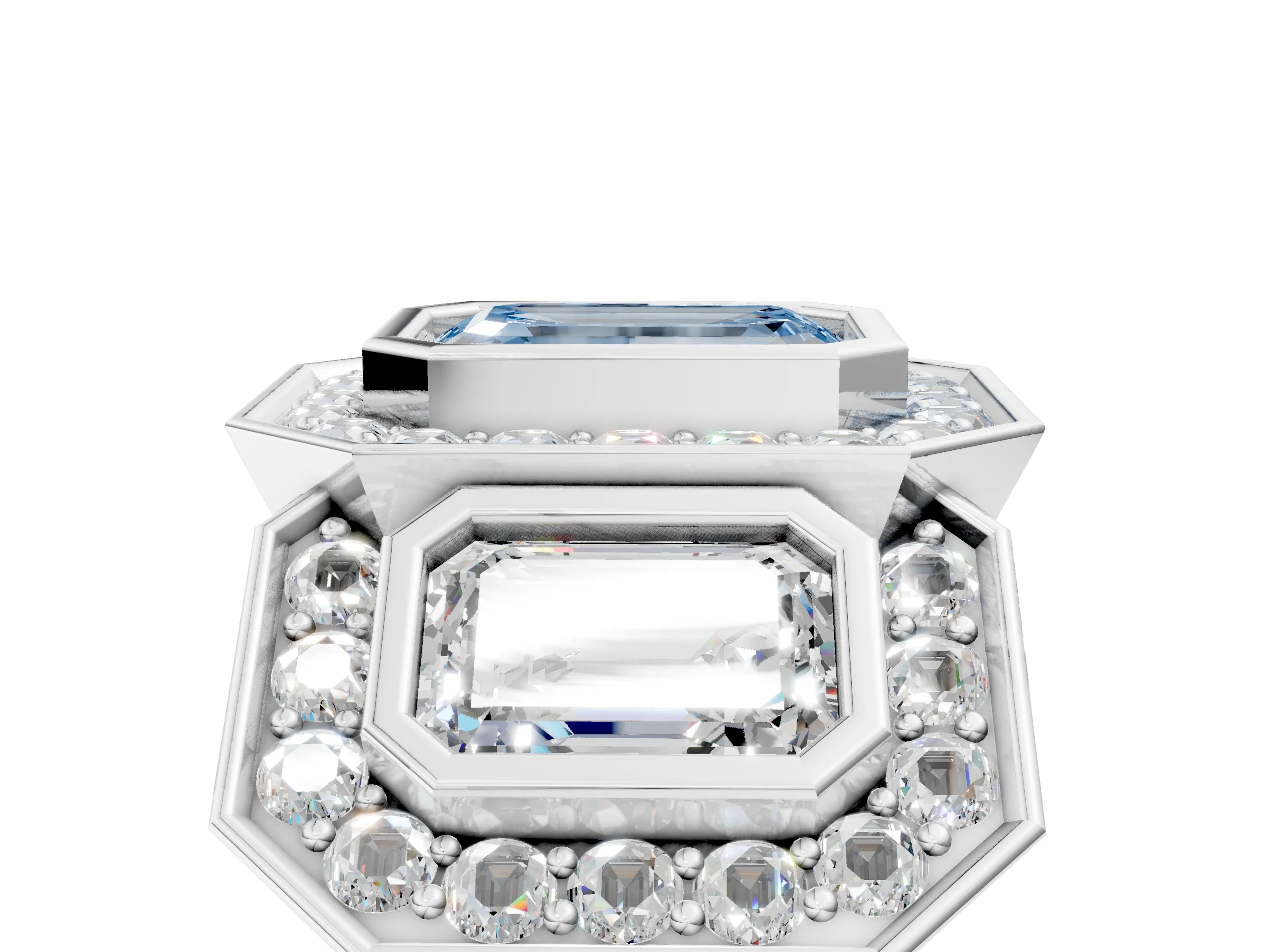 White gold Three-Stone Fancy Blue Emerald Cut Halo Pavé Diamond Ring_5