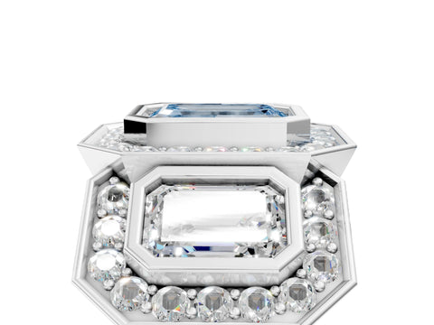 White gold Three-Stone Fancy Blue Emerald Cut Halo Pavé Diamond Ring_5
