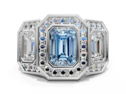 White gold Three-Stone Fancy Blue Emerald Cut Halo Pavé Diamond Ring