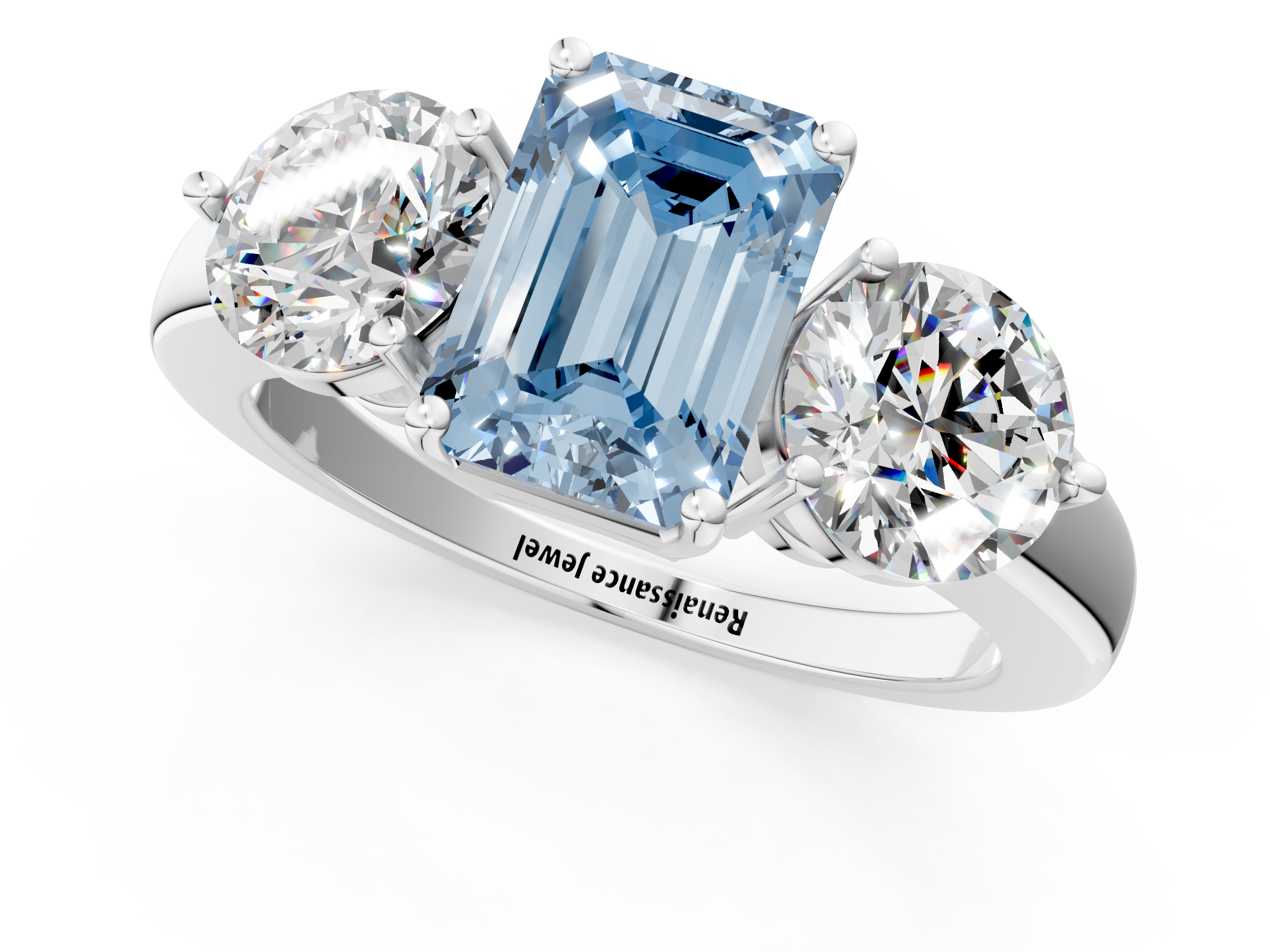 White gold Three-Stone Fancy Blue Emerald  Cut Solitaire Ring with Prong Setting on a Classic Band_61