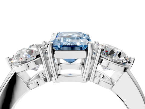 White gold Three-Stone Fancy Blue Emerald  Cut Solitaire Ring with Prong Setting on a Classic Band_64