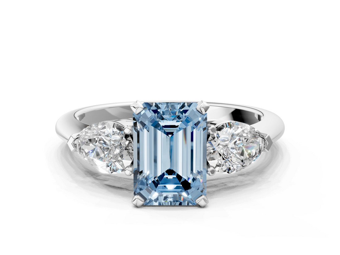 White gold Three-Stone Fancy Blue Emerald  Diamond Ring with Pear Side Stones in Four-Prong Setting_41