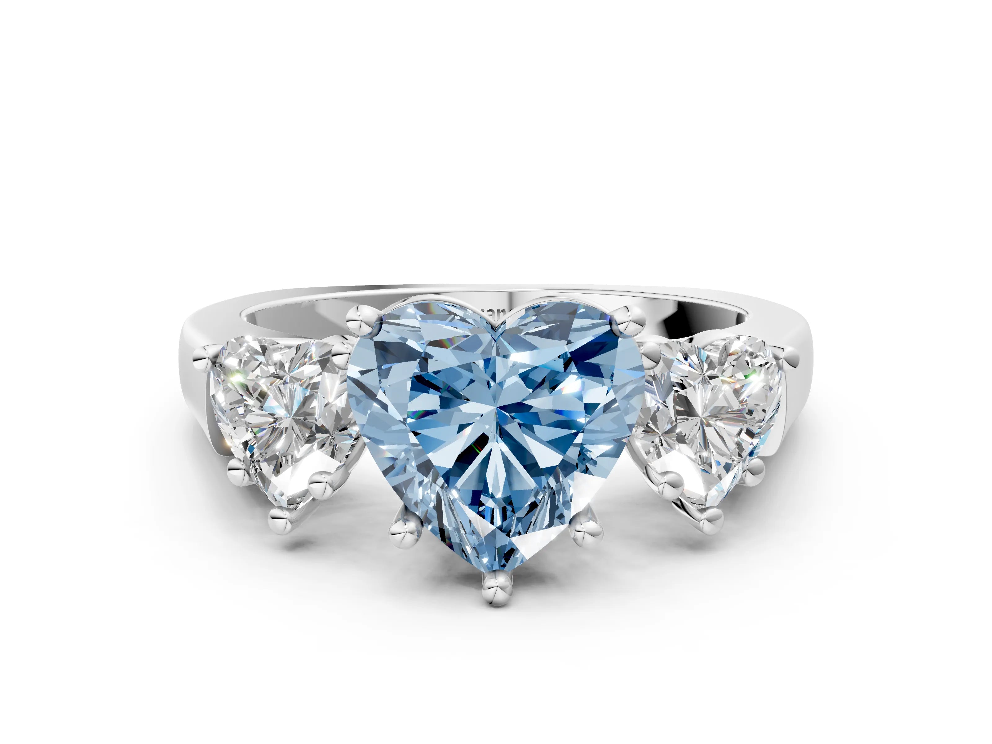 White gold Three-Stone Fancy Blue Heart Cut Brilliant Diamond Trellis Ring with Comfort Fit Band_12