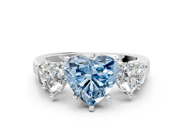 White gold Three-Stone Fancy Blue Heart Cut Brilliant Diamond Trellis Ring with Comfort Fit Band