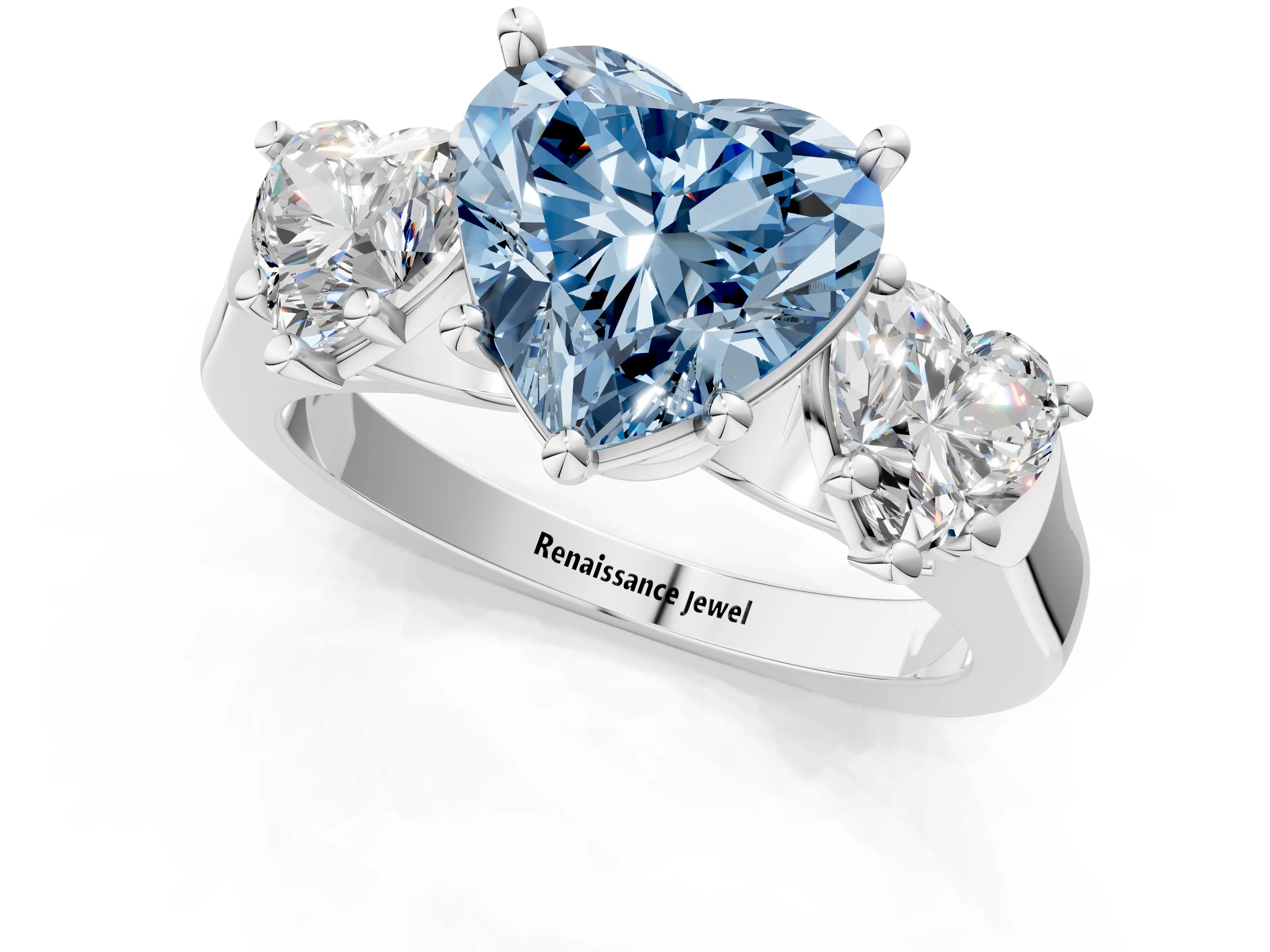 White gold Three-Stone Fancy Blue Heart Cut Brilliant Diamond Trellis Ring with Comfort Fit Band_13