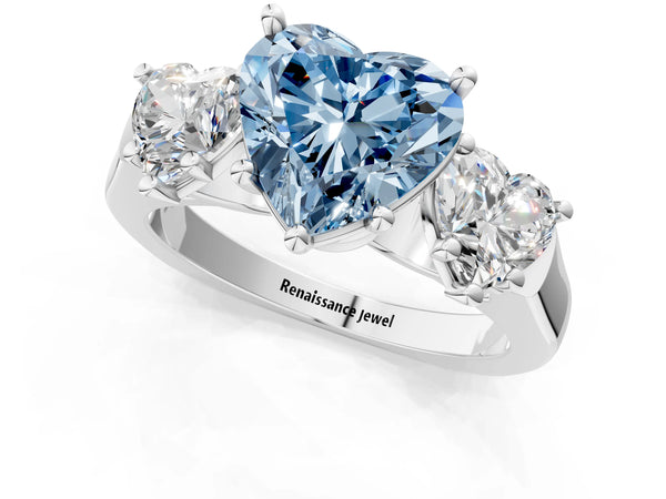 White gold Three-Stone Fancy Blue Heart Cut Brilliant Diamond Trellis Ring with Comfort Fit Band