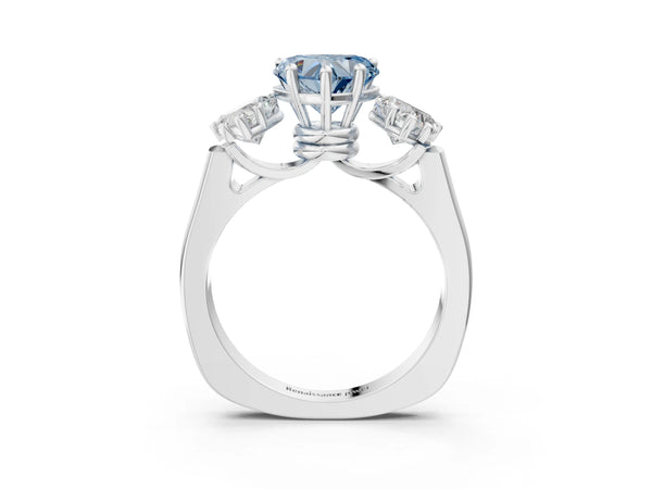 White gold Three-Stone Fancy Blue Heart Cut Brilliant Diamond Trellis Ring with Comfort Fit Band