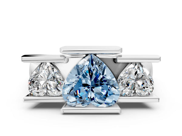 White Gold Heart-Shaped Channel Set Three Stone Engagement Ring Setting for Fancy Blue Center