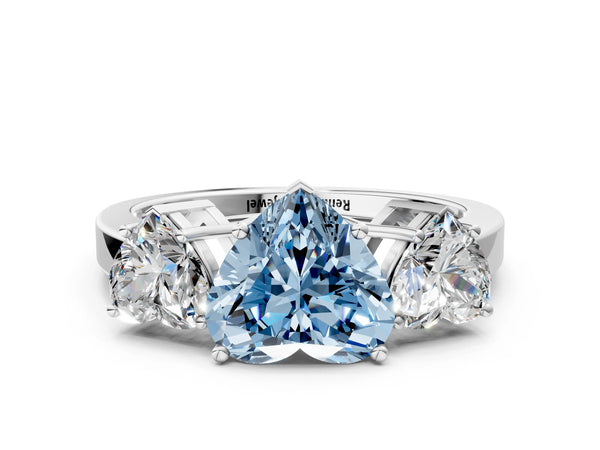 White gold Three-Stone Fancy Blue Heart Cut Cut Diamond Engagement Ring with Flat Band and Four-Prong Setting