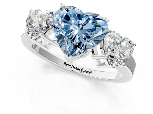 White gold Three-Stone Fancy Blue Heart Cut Cut Diamond Engagement Ring with Flat Band and Four-Prong Setting