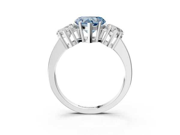 White gold Three-Stone Fancy Blue Heart Cut Cut Diamond Engagement Ring with Flat Band and Four-Prong Setting