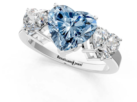 White gold Three-Stone Fancy Blue Heart Cut Cut Diamond Engagement Ring with Flat Band and Four-Prong Setting_1