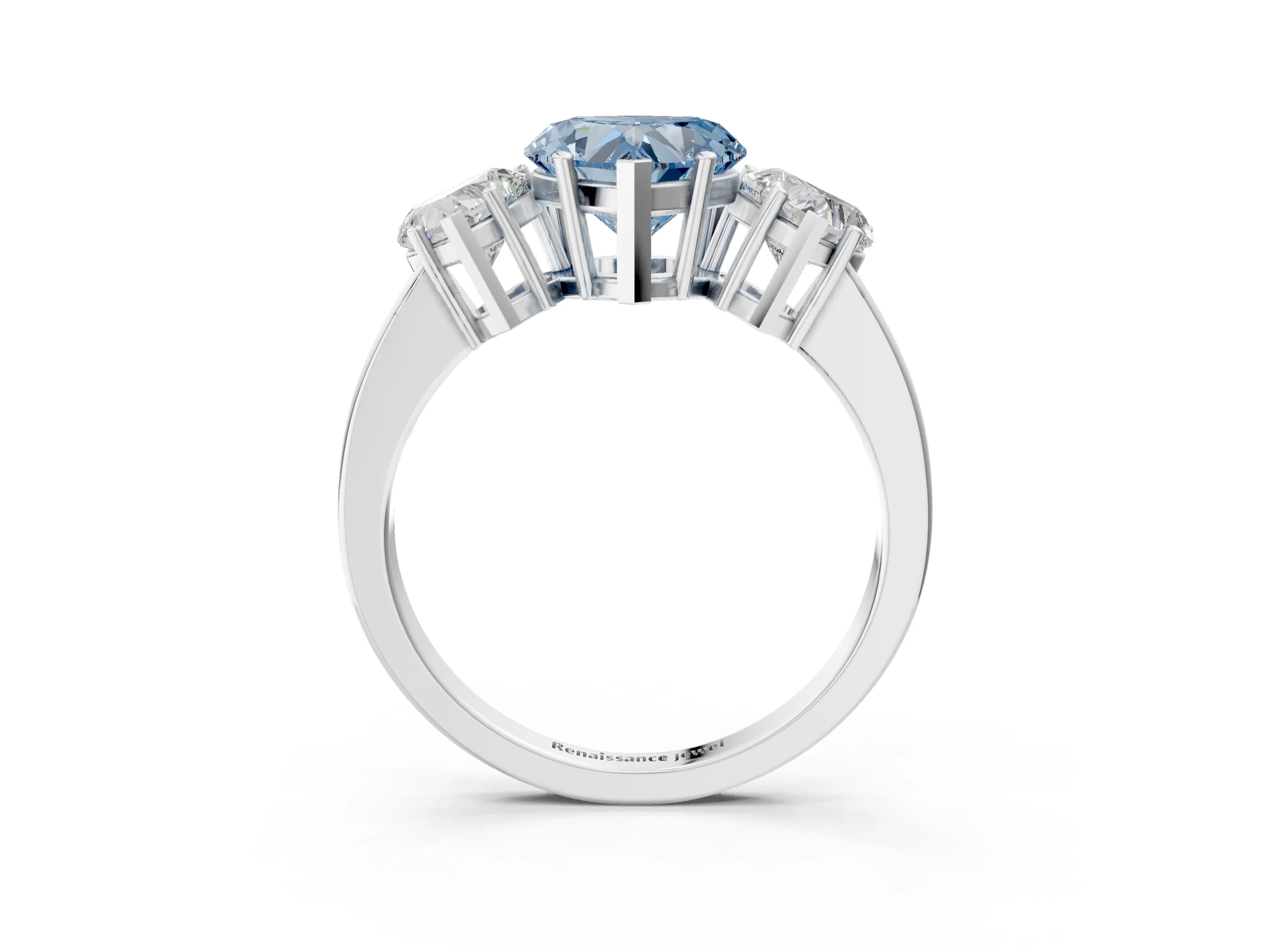 White gold Three-Stone Fancy Blue Heart Cut Cut Diamond Engagement Ring with Flat Band and Four-Prong Setting_3