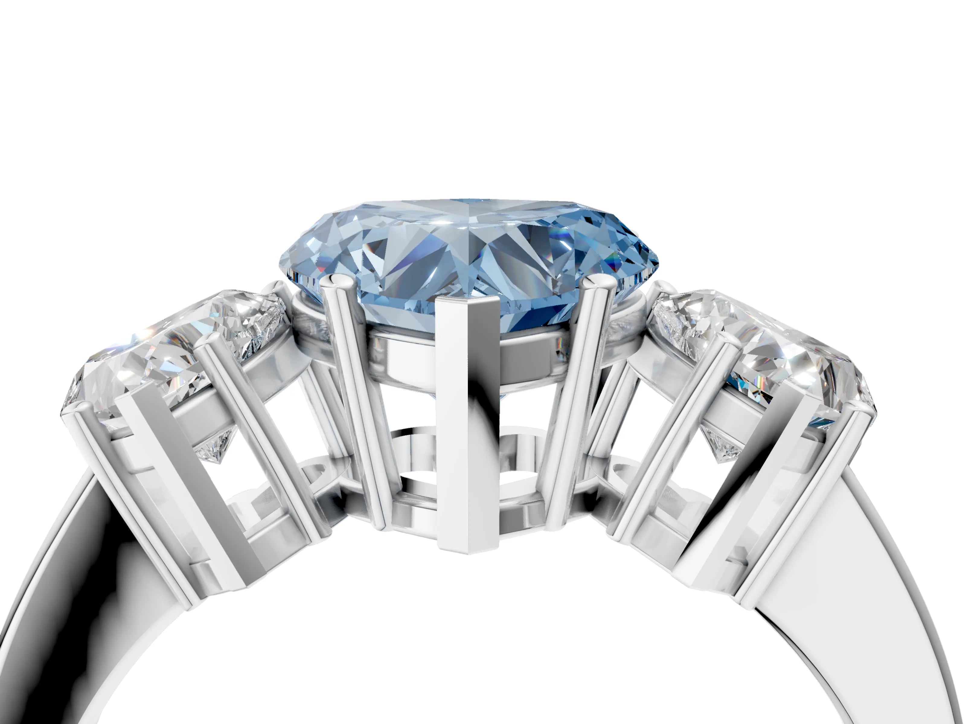 White gold Three-Stone Fancy Blue Heart Cut Cut Diamond Engagement Ring with Flat Band and Four-Prong Setting_4