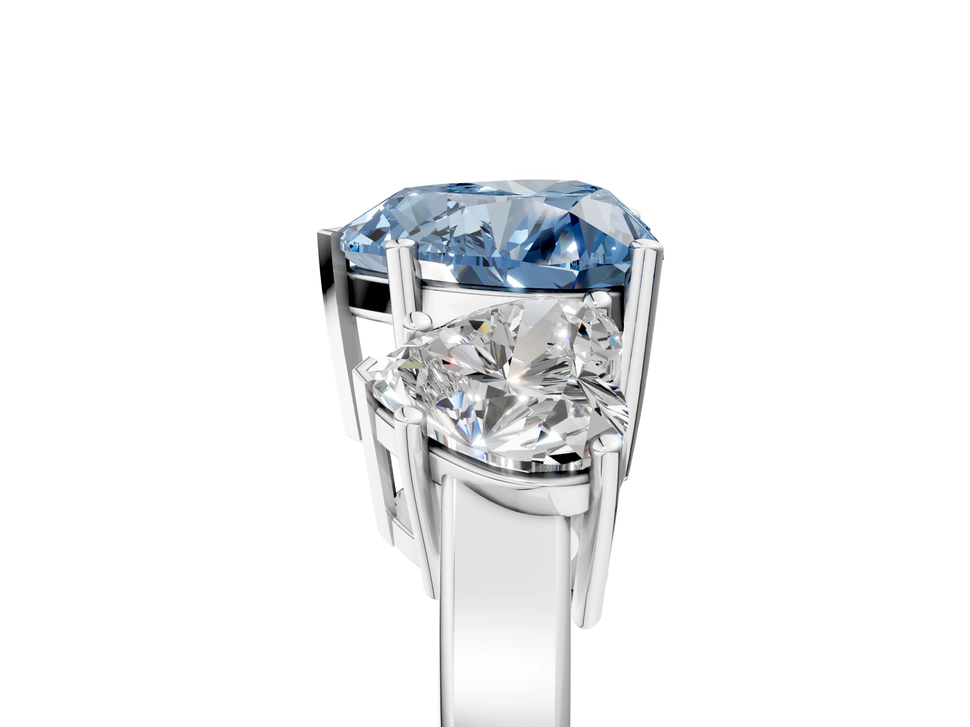 White gold Three-Stone Fancy Blue Heart Cut Cut Diamond Engagement Ring with Flat Band and Four-Prong Setting_5
