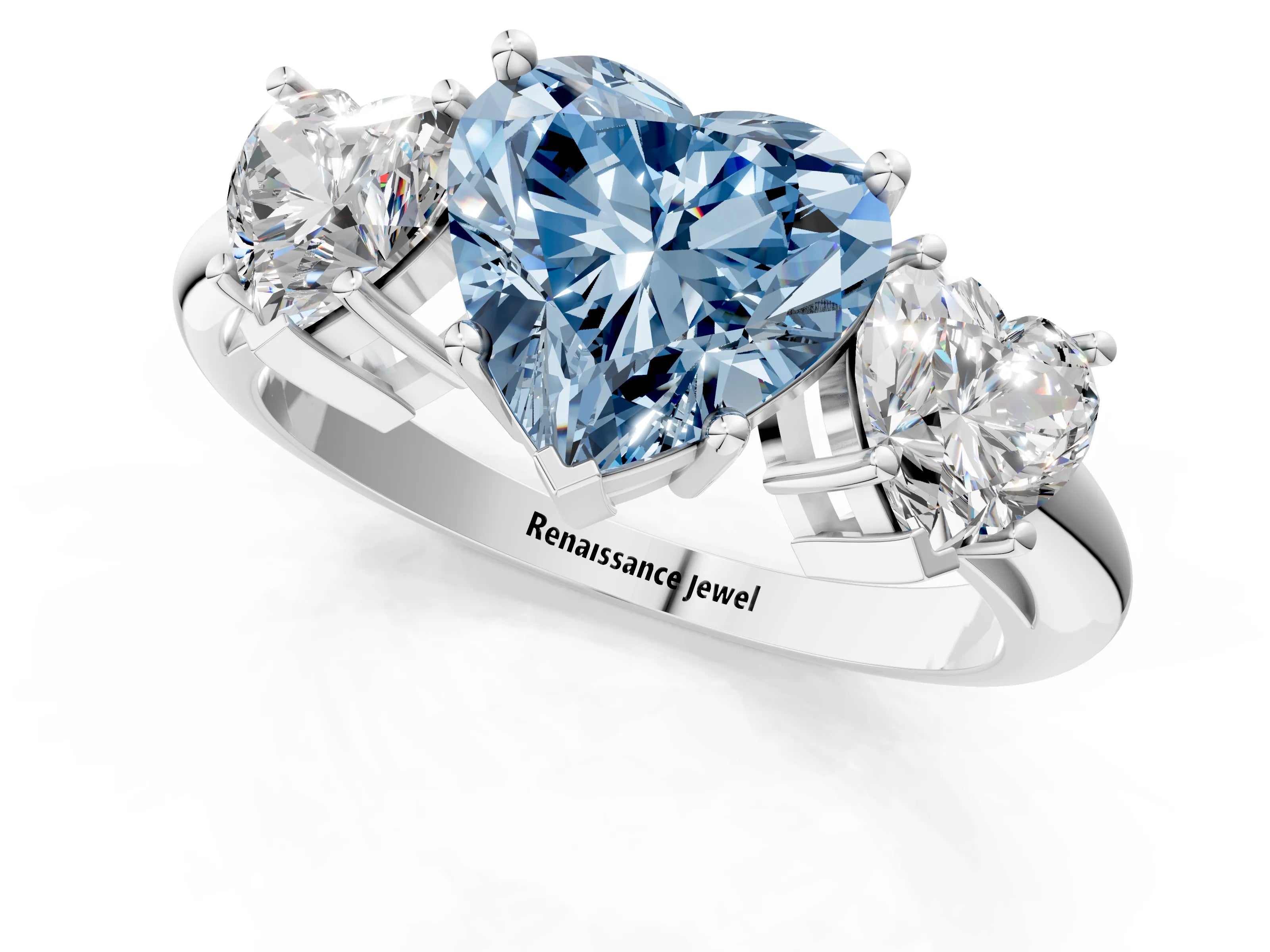 White gold Three-Stone Fancy Blue Heart Cut Cut Diamond Engagement Ring with Prong Setting on a White Gold Band_13